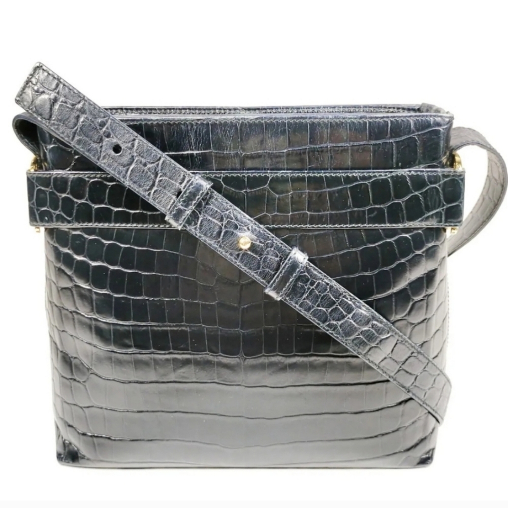 🔥Salvatore Ferragamo Leather Croc Embossed Black Shoulder Bag